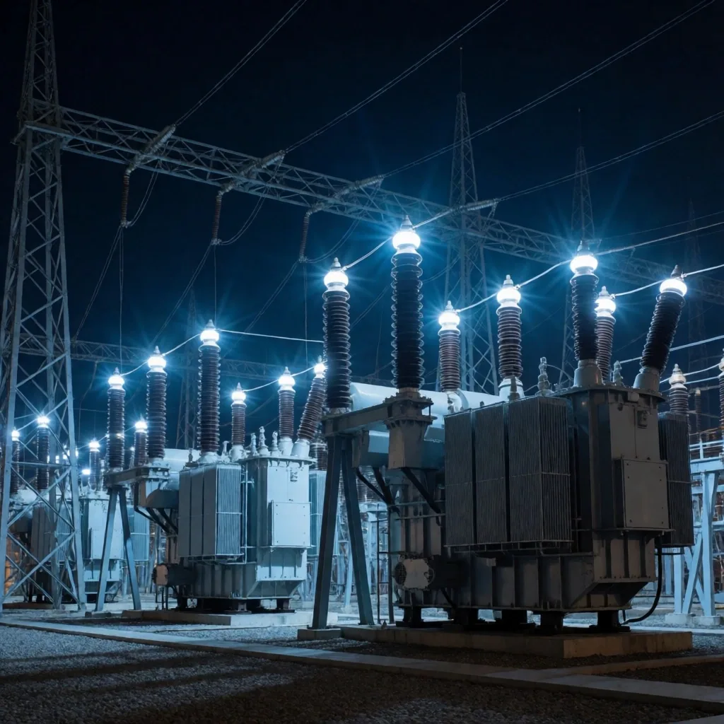 Gece görünümü yüksek gerilim trafo merkezi